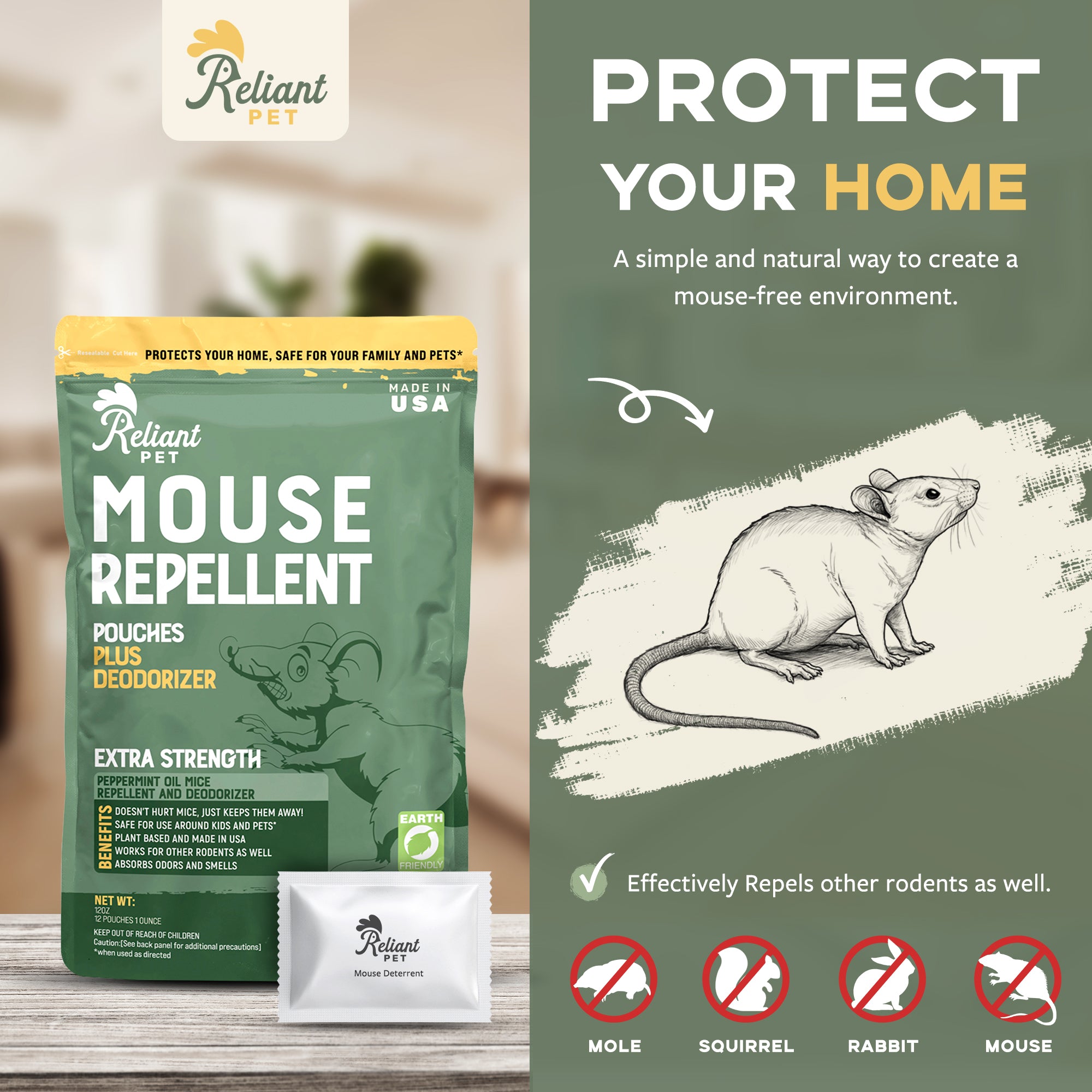 Natural Peppermint Mouse Repellent - USA Made Pouches