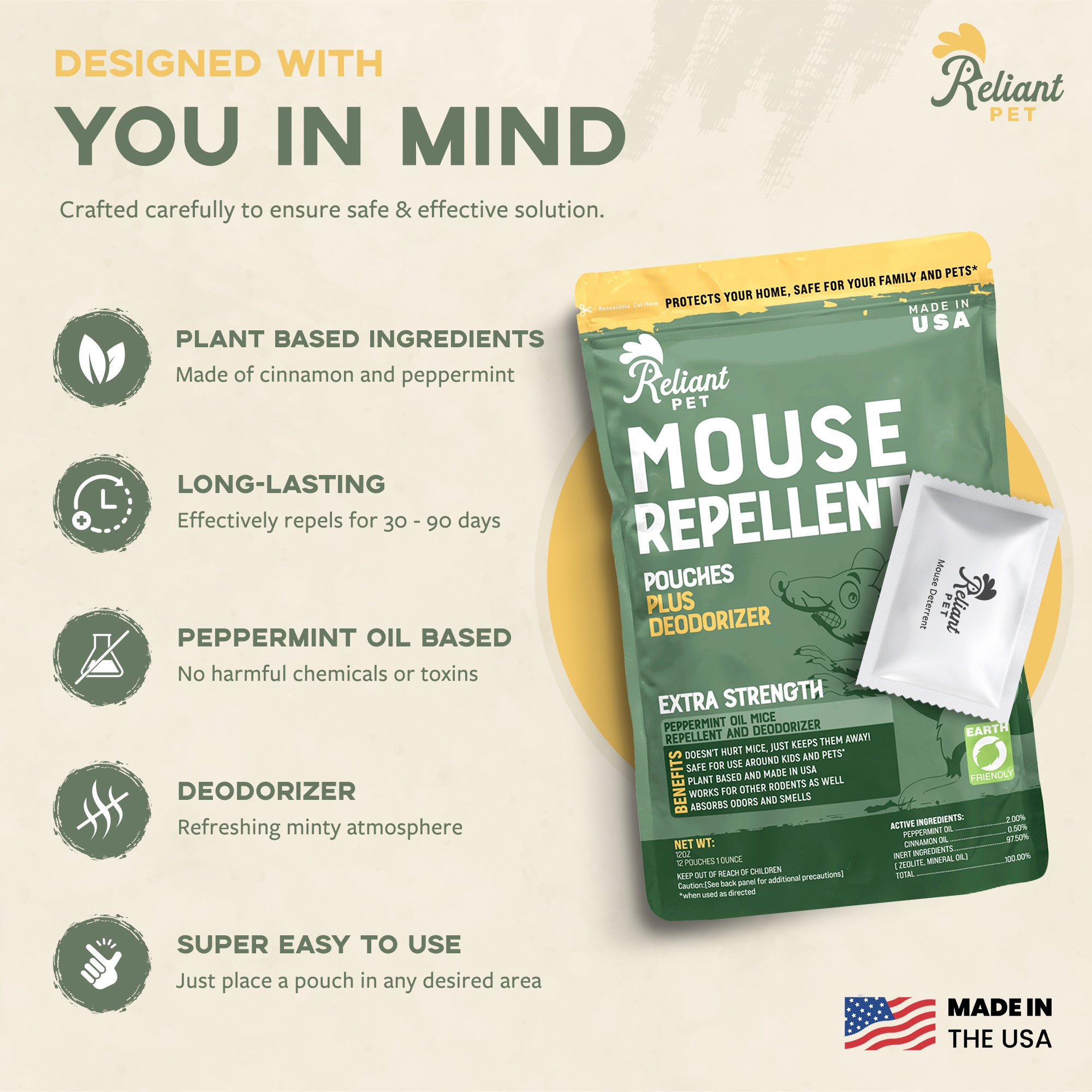Natural Peppermint Mouse Repellent - USA Made Pouches